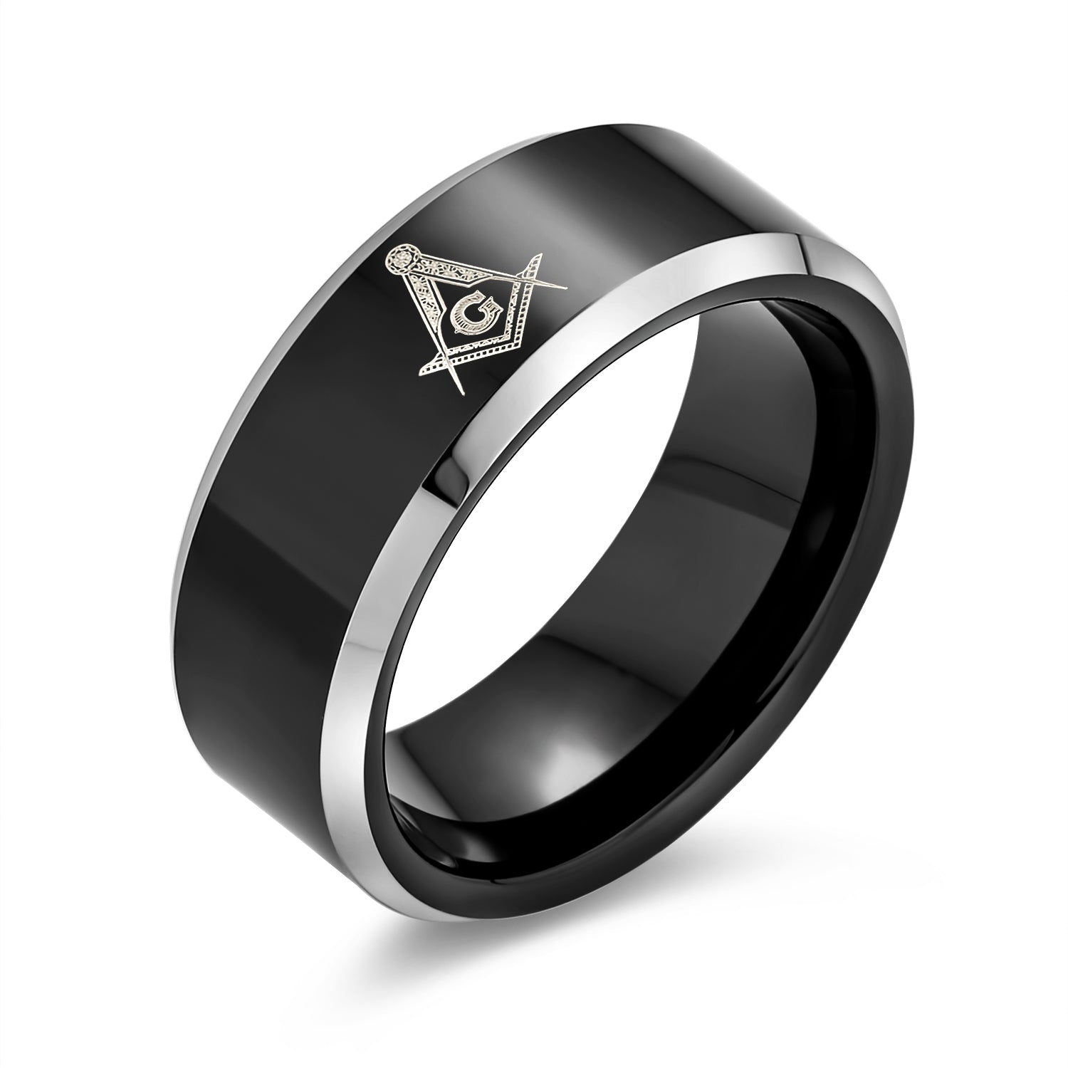 black-masonic-free-tungsten-ring_fj-tur-426bp_1 Square Compass Freemason Masonic Titanium Band Ring Silver Tone Comfort Fit 8MM - Image 1