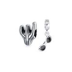 Set of 2 Black Movie Star Sunglasses & Cactus Charm Bead Sterling Silver Fits European Bracelet