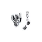 Set of 2 Black Movie Star Sunglasses & Cactus Charm Bead Sterling Silver Fits European Bracelet