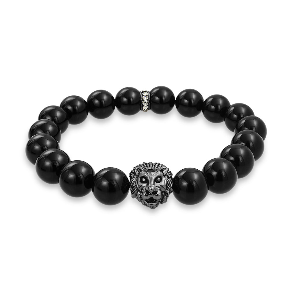 black-onyx-lion-bead-bracelet_cb-bj0518 Unisex Jungle Animal Stretch Bracelet Tiger Eye & Lava Rock Beads Gold or Onyx - Image 1