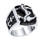 Mens Silver Ring Nautical Black Onyx Gemstone Anchor Signet .925 Sterling Silver