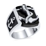 Mens Silver Ring Nautical Black Onyx Gemstone Anchor Signet .925 Sterling Silver
