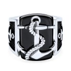 Mens Silver Ring Nautical Black Onyx Gemstone Anchor Signet .925 Sterling Silver - Image 2