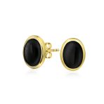 Onyx Turquoise Bezel Set Dome Button Oval Stud Earrings Gold Plated Sterling Silver - Image 2