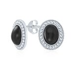 Classic Black Onyx Semi Precious Gemstone Milgrain Bezel Halo Oval Stud Earrings .925 Sterling Silver - Image 2