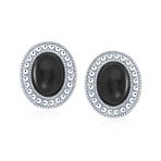 Classic Black Onyx Semi Precious Gemstone Milgrain Bezel Halo Oval Stud Earrings .925 Sterling Silver - Image 4