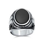 Men's Black Onyx Oval Western Texas Longhorn Skull Signet Ring .925 Sterling Silver - Image 3