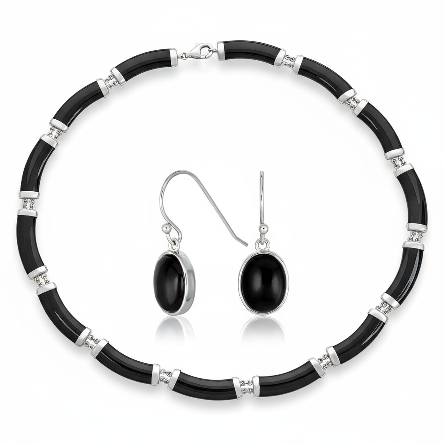 black-onyx-tube-bar-necklace-matching-black-earring-wj-swn1594-ox-set-az Black Onyx Tube Link Pendant Necklace & Oval Drop Earrings Jewelry Set Silver - Image 1