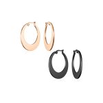 Set of 2 Flat Oval Hoop Huggies Earrings Black Rose Gold Plated Steel 1.25 Inch