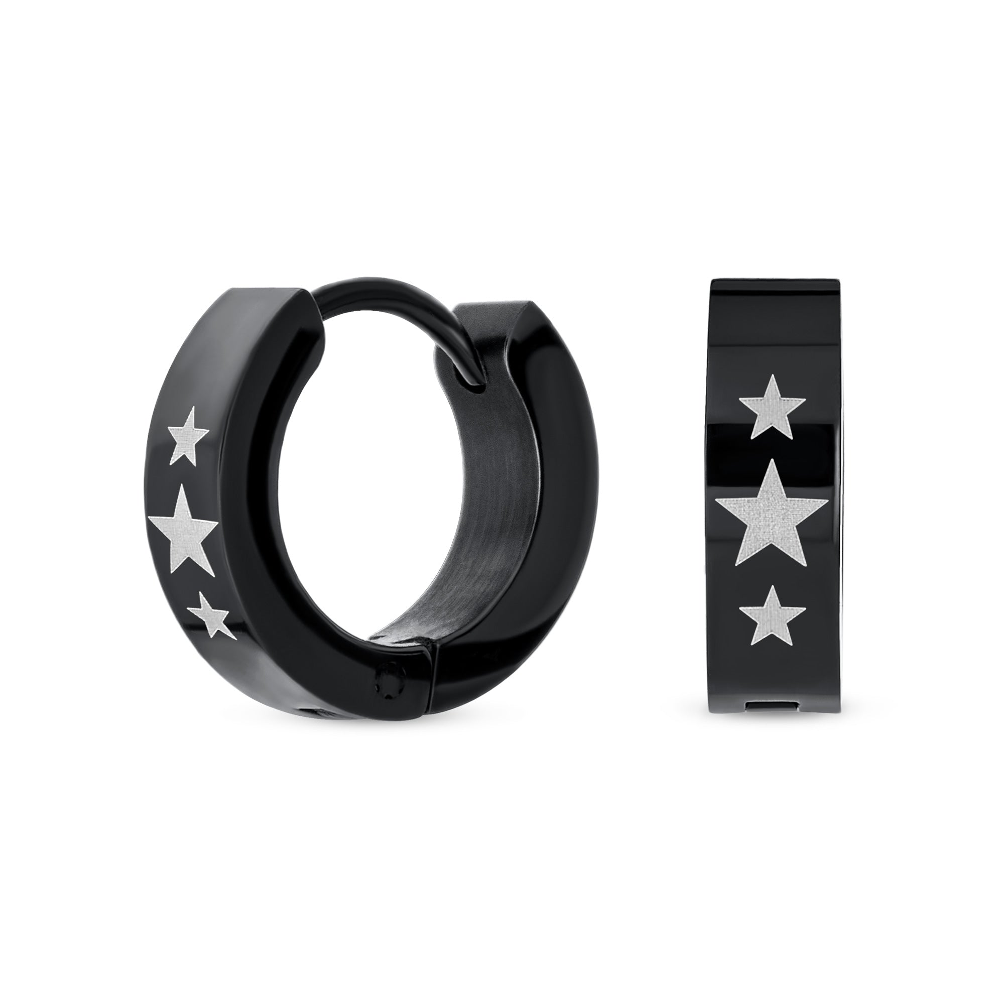 black-patriotic-huggie-earrings-kpop-silver-swk-hye-1157 Mens Earrings Black IP Stainless Steel Biker Jewelry USA Stars Hoop Huggie - Image 1