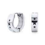 Mens Earrings Black IP Stainless Steel Biker Jewelry USA Stars Hoop Huggie - Image 2