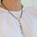 Black Bead Rosary Necklace Virgin Mary Crucifix Cross Gold - Image 2