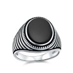 Retro Grooved Mens Silver Ring Black Onyx Square Signet Sterling Silver Band