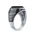 Retro Grooved Mens Silver Ring Black Onyx Square Signet Sterling Silver Band - Image 3