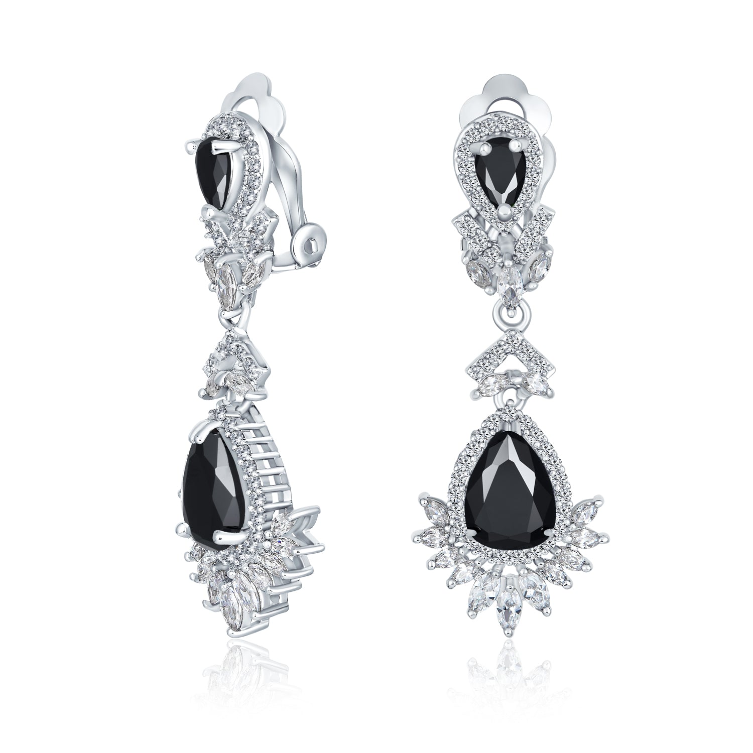 black-silver-clipon-cz-dangle-drop-sterling-earring-oa-21ola2294-az-01 Bridal Black Onyx CZ Chandelier Clip-On Earrings Vintage - Image 1