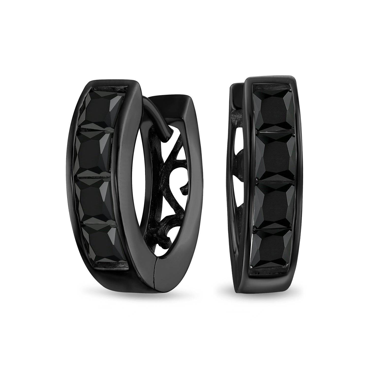 black-silver-huggie-earrings-rhodium-smo-2he20218_1 Channel Set CZ Hoop Earrings Black White Huggie Kpop Silver - Image 1