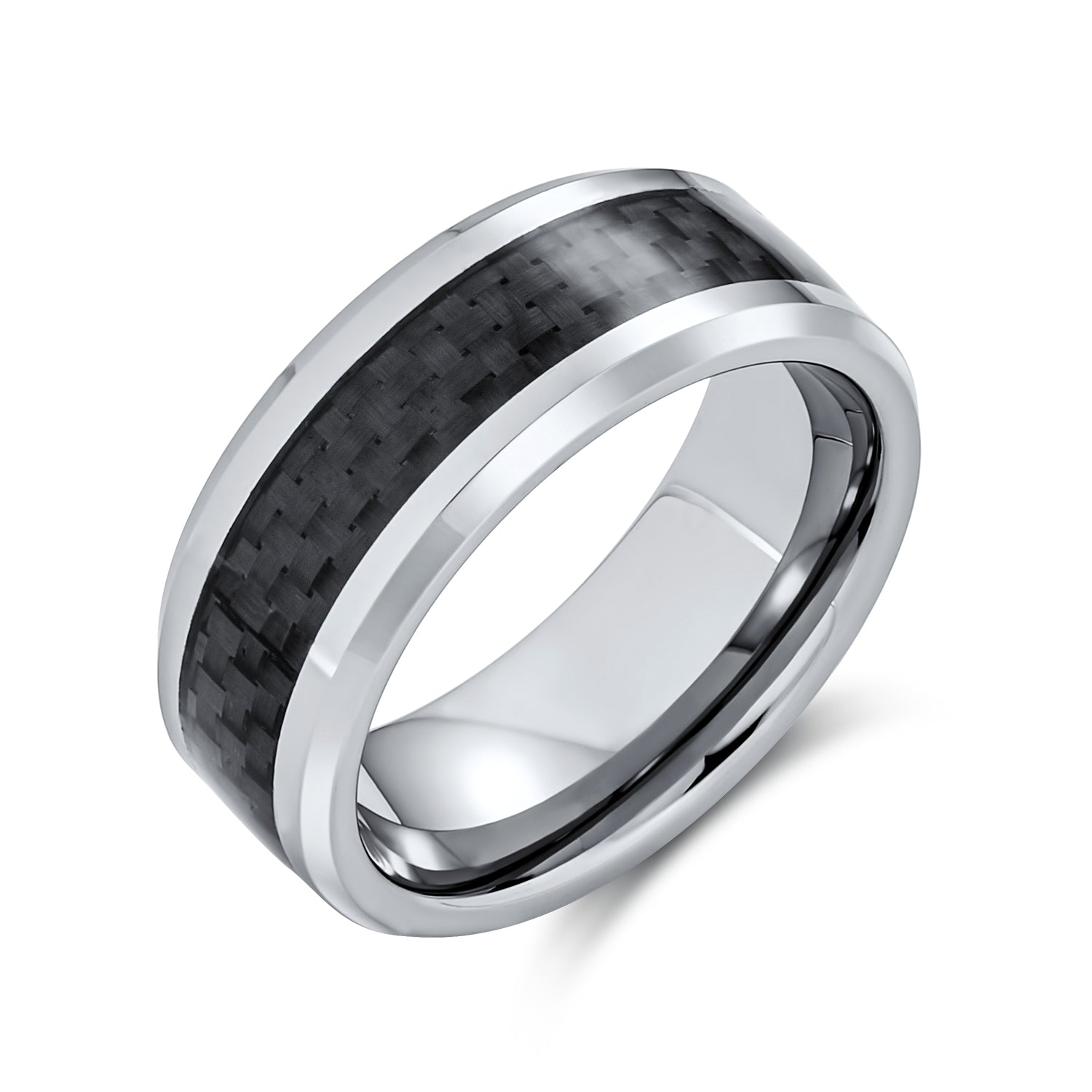 black-silver-tungsten-ring-inlay_fj-tur-184cf_1 Unisex Tungsten Wedding Band Ring with Simulated Blue Opal Inlay for Couples - Image 1
