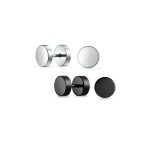 Set of 2 Black Bar Bell Round Illusion Faux Ear Plug Earrings Surgical Steel 16G