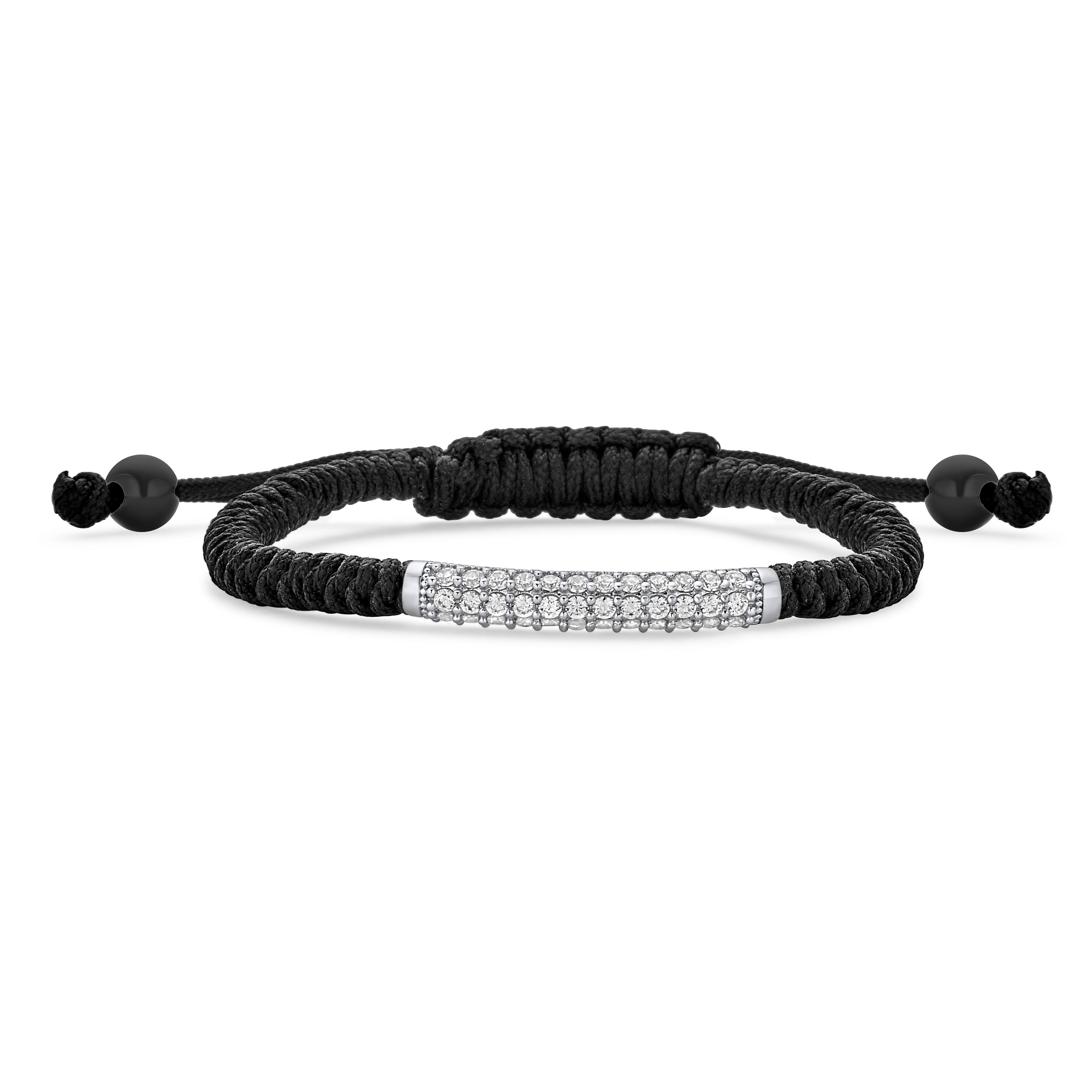 black-sterling-silver-cz-bar_pfs-54-0199-11 Stackable Strand Bracelet with Curved Bar Black Cord and CZ Pave Silver - Image 1