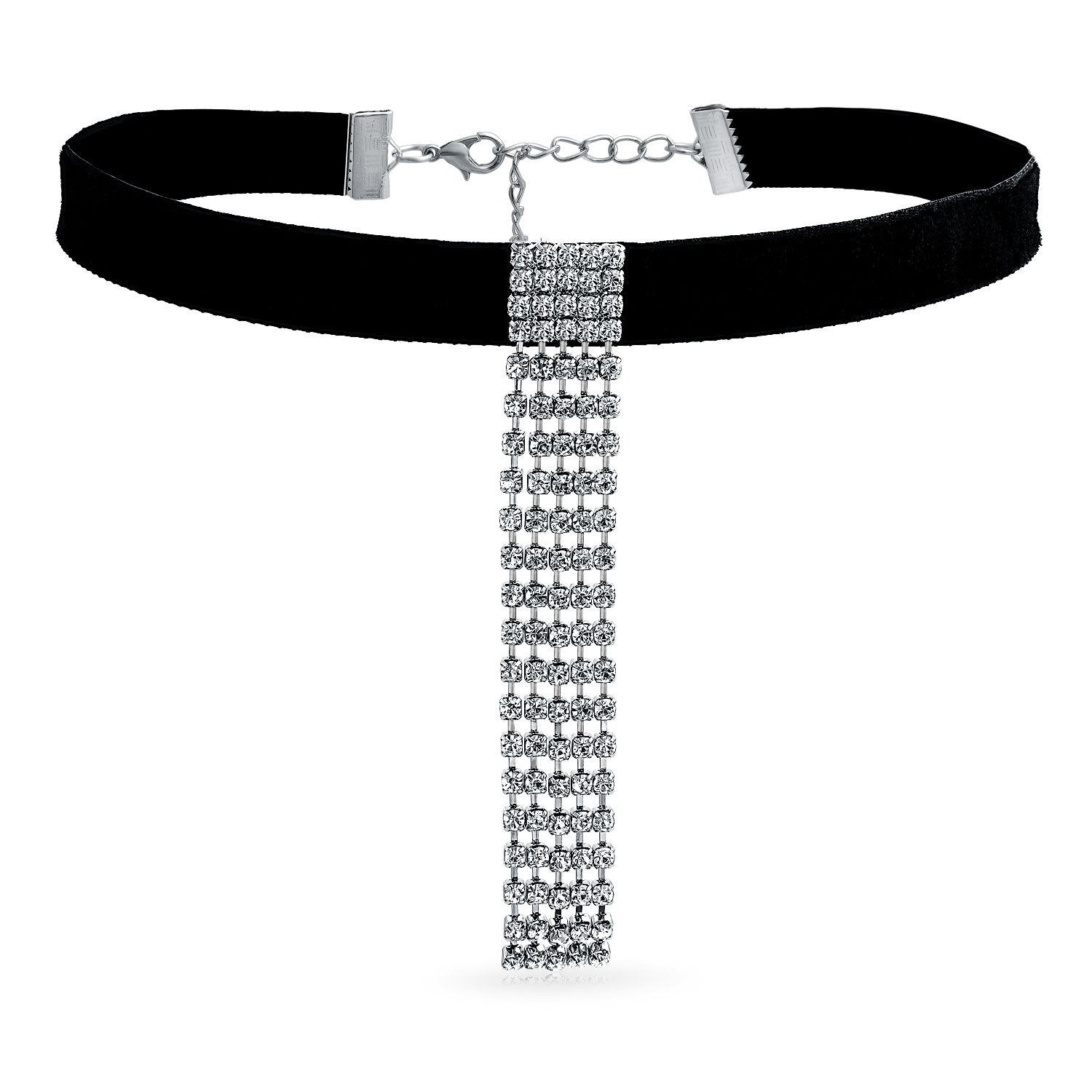 black-velvet-crystal-choker-necklace_fj-b1304-az Choker Necklace with Black Velvet and Rhinestone Waterfall Fringe for Prom - Image 1
