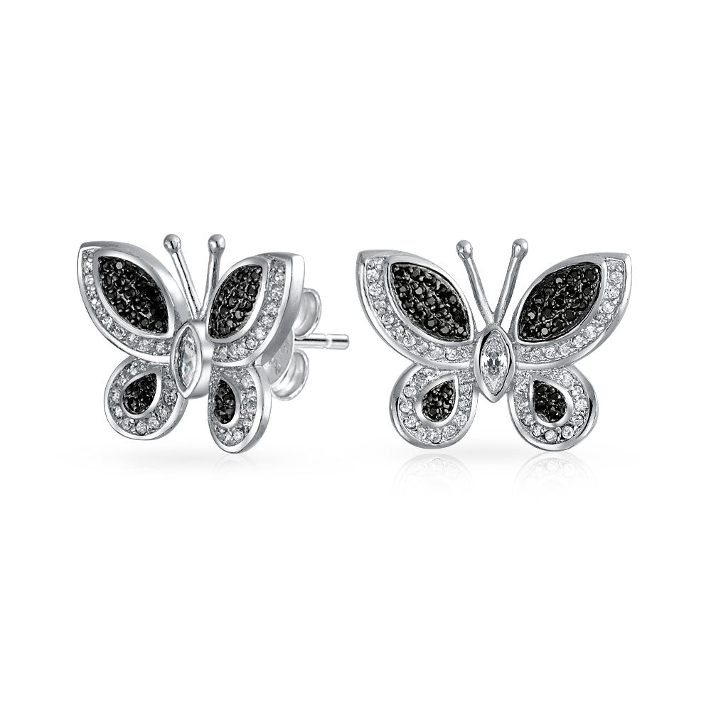 black-white-butterfly_oa-71ola1288-e-b-1 Pave CZ Garden Butterfly Huggie Hoop Stud Earrings 925 Sterling Silver - Image 1