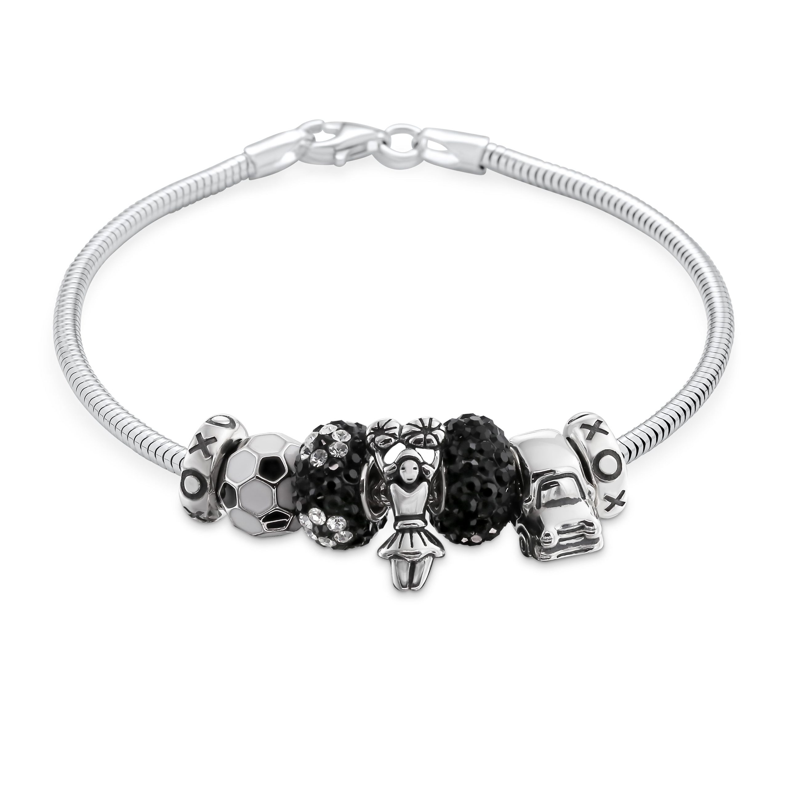 black-white-charm-bracelet-pbx-br-socm-65-az_1 Black White Soccer Mom Charm Bracelet with Cheerleader Beads 6.5-8.5 Inch - Image 1