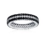 Cubic Zirconia 3 Row Pave Stripe CZ Statement Black & White Eternity Band Ring .925 Sterling Silver