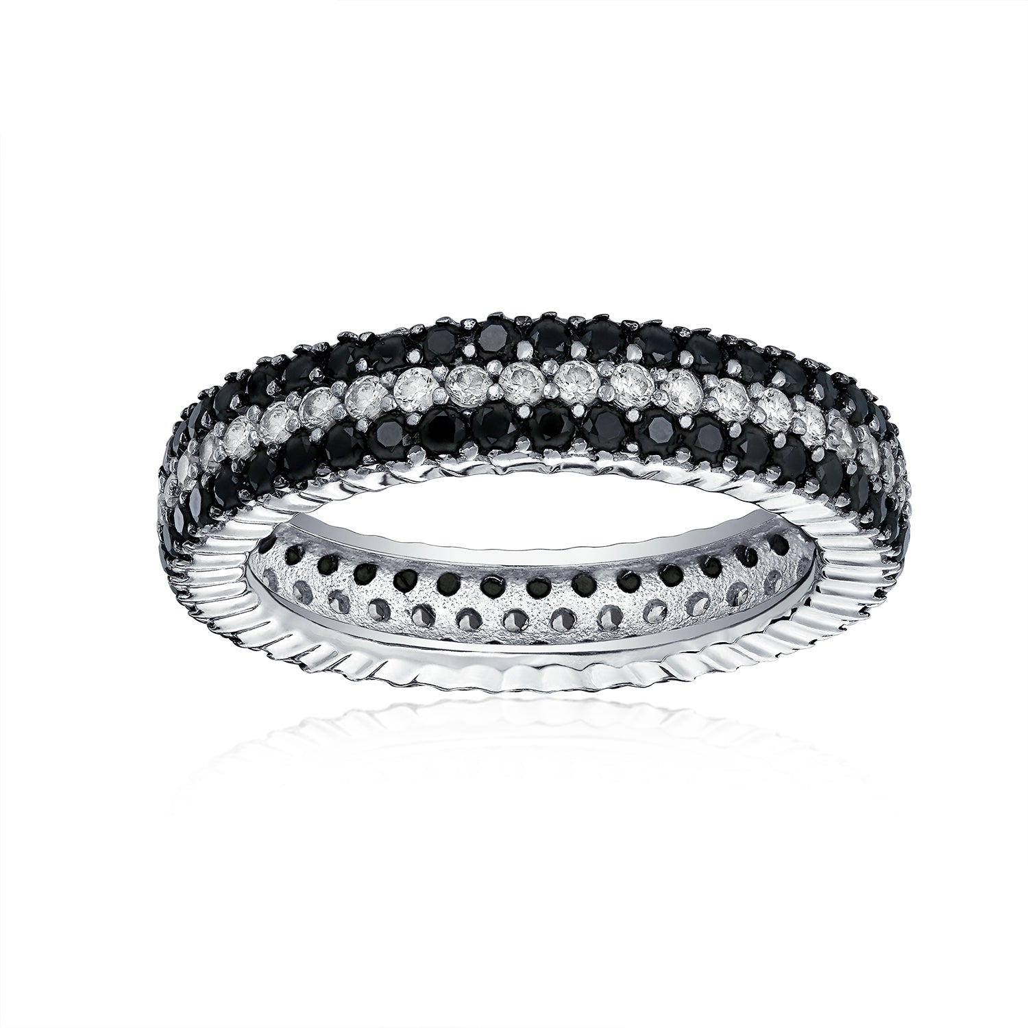 black-white-eternity-cz-ring_ati-sr7056_1 Cubic Zirconia 3 Row Pave Stripe CZ Statement Black & White Eternity Band Ring .925 Sterling Silver - Image 1
