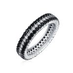 Cubic Zirconia 3 Row Pave Stripe CZ Statement Black & White Eternity Band Ring .925 Sterling Silver - Image 2