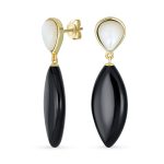 Fashion Statement Black White Teardrop Nature Stone Dangling Earrings Gold Plated