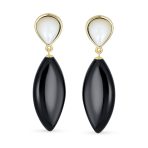 Fashion Statement Black White Teardrop Nature Stone Dangling Earrings Gold Plated - Image 4