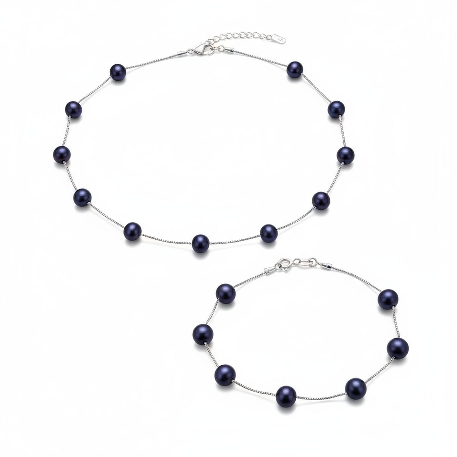 black_pearl_by_inch_necklace_chain_bracelet_combo_yp-f1255-bn-18-set-az Black Freshwater Cultured Pearl Tin Cup Necklace & Bracelet Set Sterling Silver - Image 1