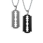 Set of 2 Hip Hop Biker Jewelry Razor Blade Pendant Necklace Black Silver Plated