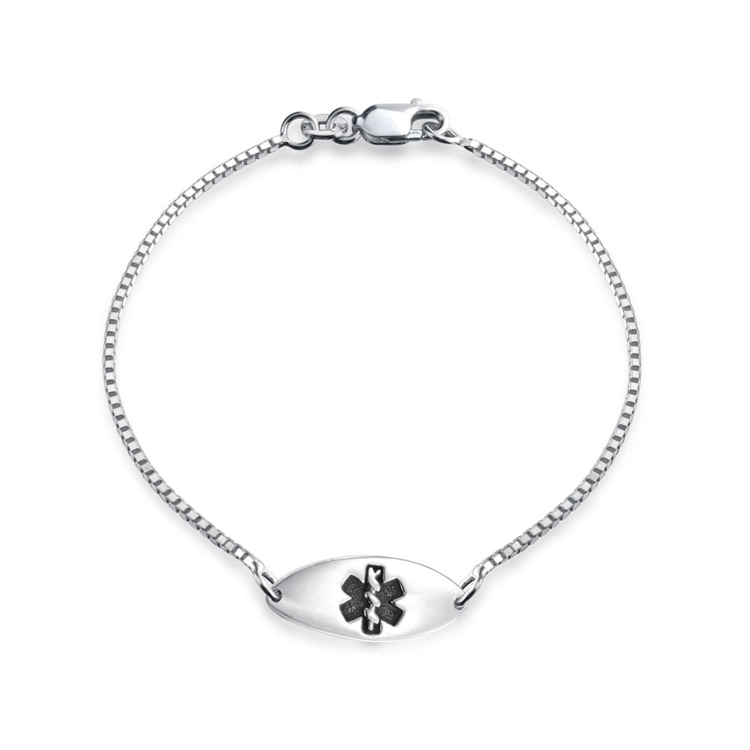 blank-engravable-medical-bracelet-silver_appl-jb-1309121_1_9816e265-cb7c-49eb-b9f0-6b9dff9a9ba3 Personalize Medical Alert ID Thin Box Link Bracelet Oval Shape Tag - Image 1