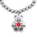 Set of 2 Medical ID Bracelet Teddy Bear & Heart Charm Silver Tone Beads - Image 6