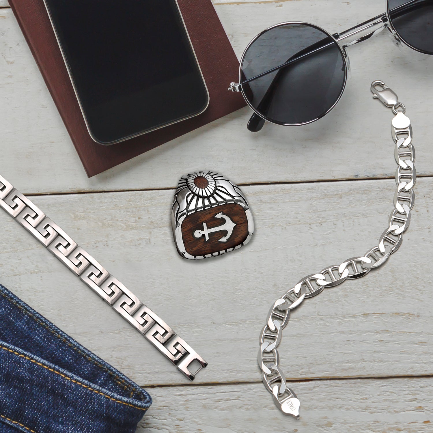 bling-men-bracelet-flatlay_6b53723c-2f16-46e7-b1e2-eefd4fd20c2f Heavy Solid .925 Sterling Silver 9MM Anchor Link Mariner Chain Bracelet 7.5 Inch - Image 1