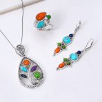 Western Style Multicolor Stones Lapis Turquoise Coral Dangle Earrings .925 Sterling Silver Lever Back - Image 5