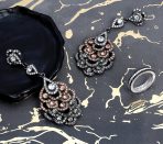 Vintage Estate Style Dangling Lace Flower Pink Black White Crystal Chandelier Statement Earrings - Image 5