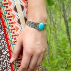 Oval Cabochon Turquoise Stone Statement Cuff Cross & Infinity Design Bracelet .925 Sterling Silver - Image 7