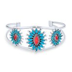 Native American Style Red Blue Turquoise Flower Blossom Statement Cuff Bracelet .925 Sterling Silver