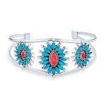 Native American Style Red Blue Turquoise Flower Blossom Statement Cuff Bracelet .925 Sterling Silver