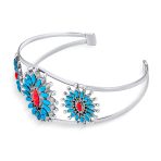 Native American Style Red Blue Turquoise Flower Blossom Statement Cuff Bracelet .925 Sterling Silver - Image 2