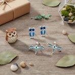 Set of 2 Created Blue Opal Dragonfly & Owl Stud Earrings Sterling Silver - Image 2