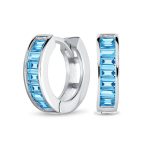 Set of 2 Baguette Cut Channel Set Blue & Pink CZ Hoop Earrings Sterling Silver - Image 6