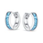 Aquamarine Blue Cubic Zirconia Baguette Cut CZ Huggie Mini Hoop Earrings .925 Sterling Silver - Image 6