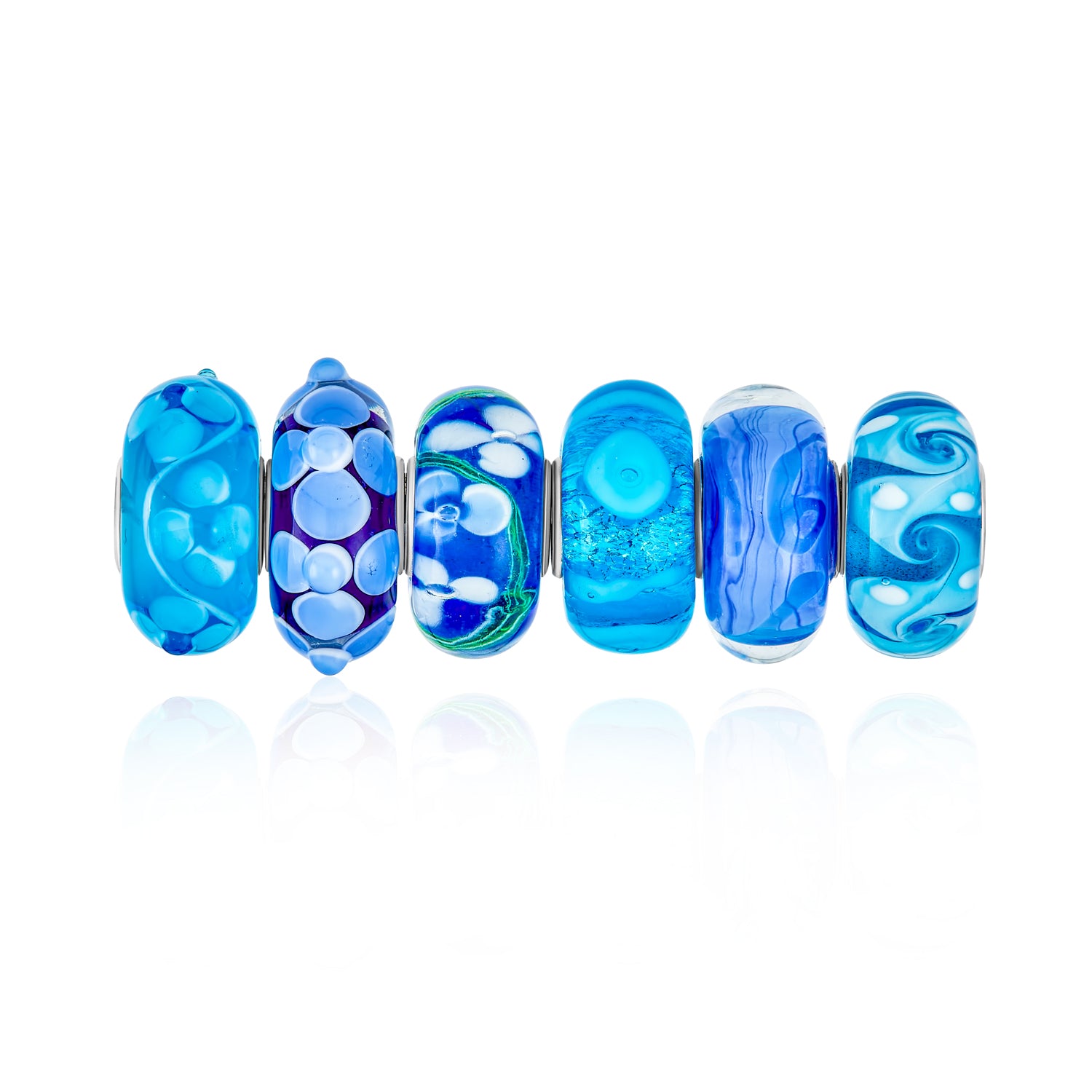 blue-assorted-murano-glass-bead-bundle_pbx-hgsc-002_1 Mixed Set of 6 Sterling Silver Core Blue Murano Glass Charm Beads for Bracelet - Image 1