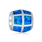 Created Blue Opal Inlay Barrel Charm Bead .925 Sterling Silver For Bracelet