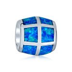 Created Blue Opal Inlay Barrel Charm Bead .925 Sterling Silver For Bracelet