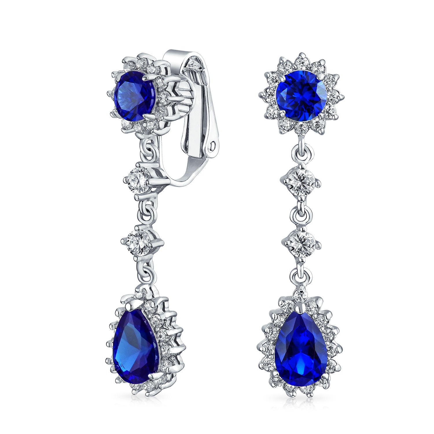 blue-cz-clip-on-earrings_my-e200903cb-az_1 Crown Halo Cubic Zirconia CZ Teardrop Chandelier Clip On Earrings Non-Pierced - Image 1