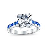 3CT CZ Princess Cut Engagement Ring Cubic Zirconia Blue Channel Set Baguette Band Sterling Silver